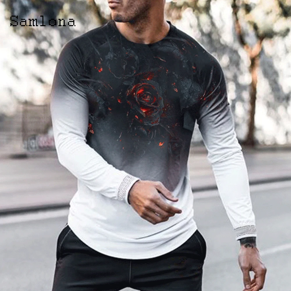 

Samlona Sexy Mens clothing Long Sleeve Gradient T-shirt 2021 Spring New Casual Tops Pullovers Men Tees Shirt Plus size S-3XL