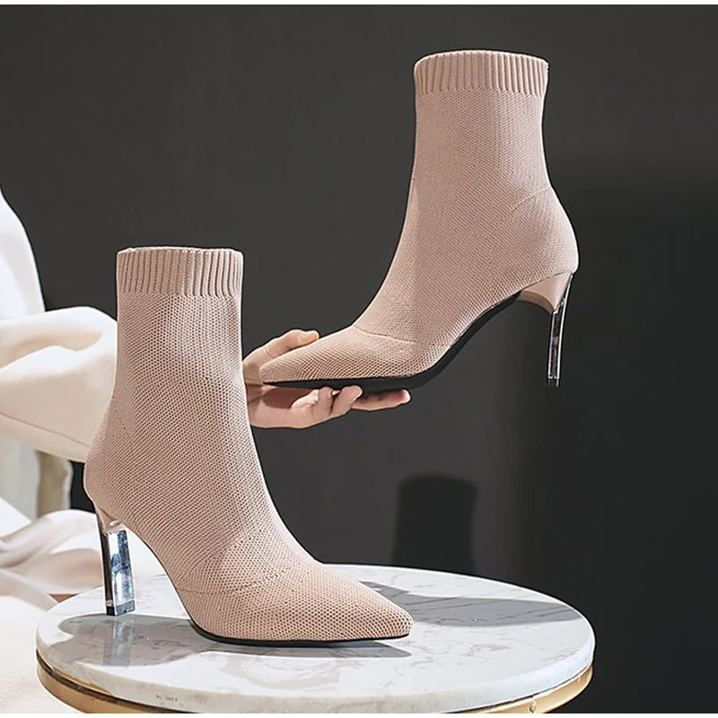 

Women Ankle Boots Pointed Toe Ladies Knitted High Heels Shoes Autumn Winter Slip On Comfort Pumps Female Fashion Footwear New