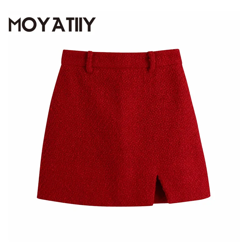 

MOYATIIY Women 2021 Fashion Tweed Mini Skirt Hot Lady Front Slit Design High Waist Wine Red Skirts Side Zipper Female Bottoms