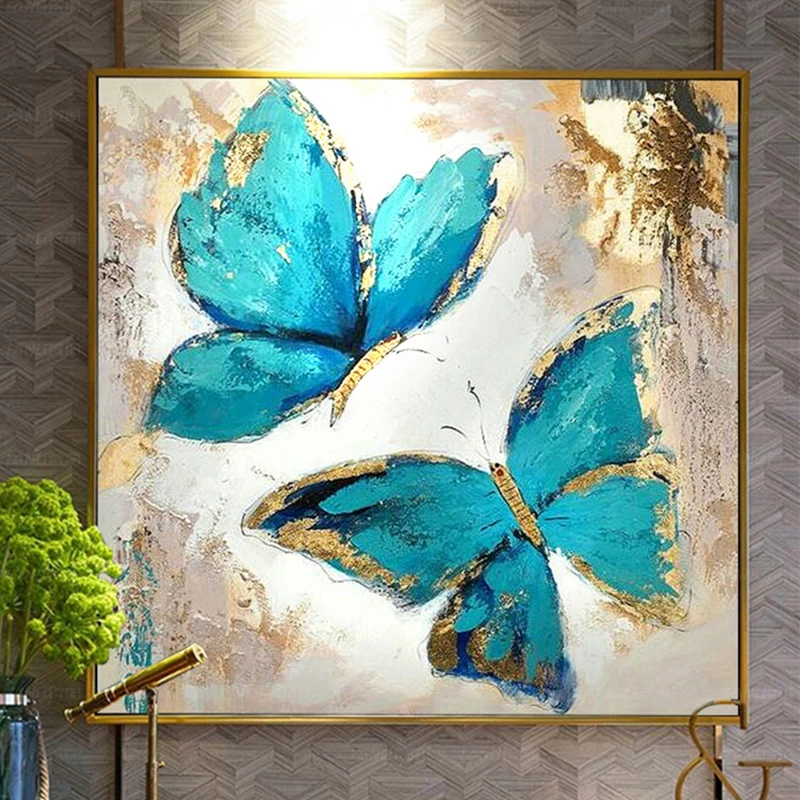 

Настенный плакат на холсте, картина с изображением синей бабочки, золотые украшения для гостиной, домашний эстетический Современный без ра...