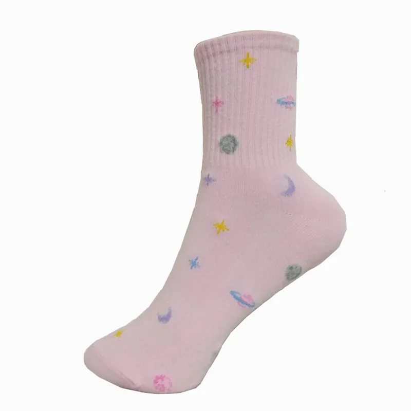 pink Модные женские забавные хлопковые носки с изображением планеты, Луны, космоса, meia, корейский стиль, забавные цветные длинные носки для девочек - Цвет: pink