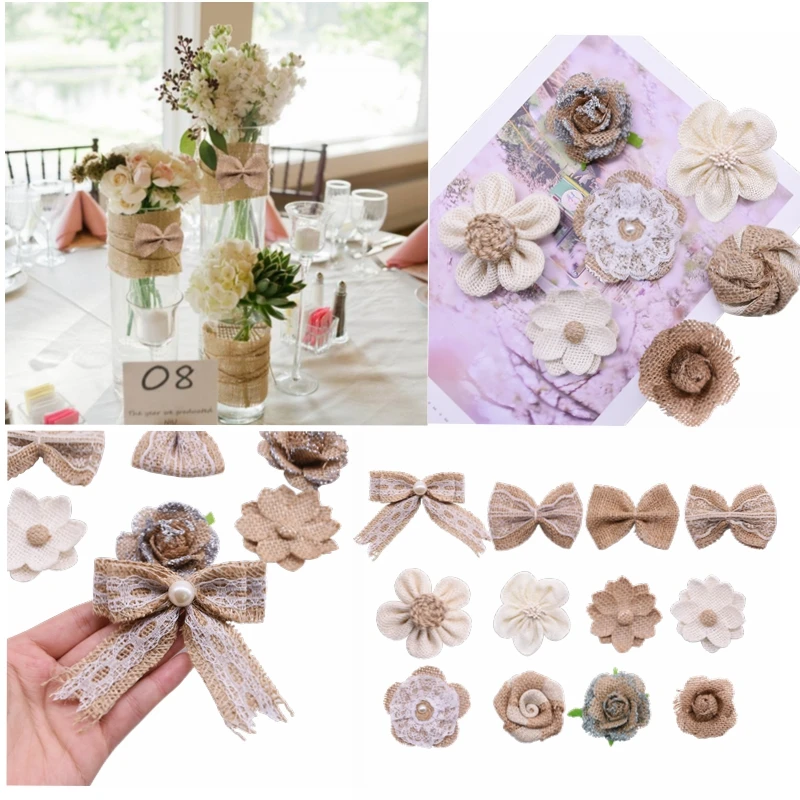 5 шт. винтажная джутовая Мешковина цветы Бант натуральные джутовые розы для дома