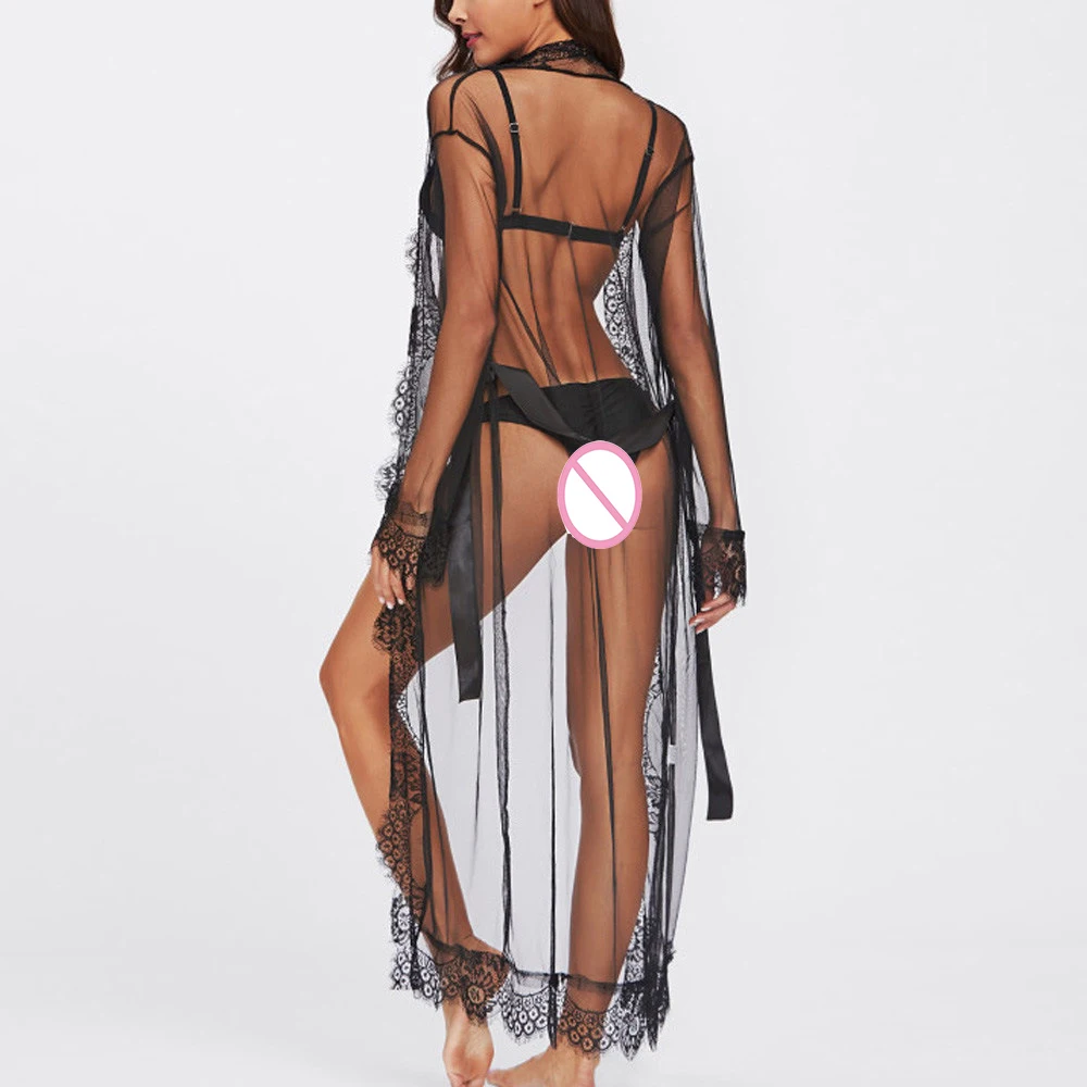 

New European and American Plus Size See-through Printed Nightgown Sexy Lace Transparent Robe Silky Pajamas Women Floor-Length