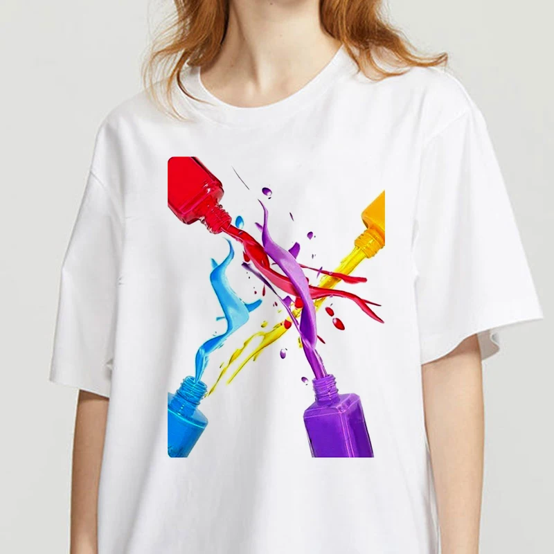 

Summer T Shirt Women Short Sleeve Tees Nail Polish Print Casual Female Clothing Streetwear White T-Shirts for Girls 90s