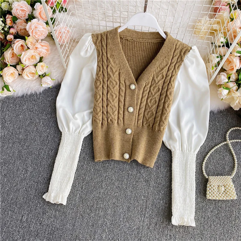 

Women's Sweater Patchwork V-neck Solid Short Carigans Female 2021 Autumn Winter