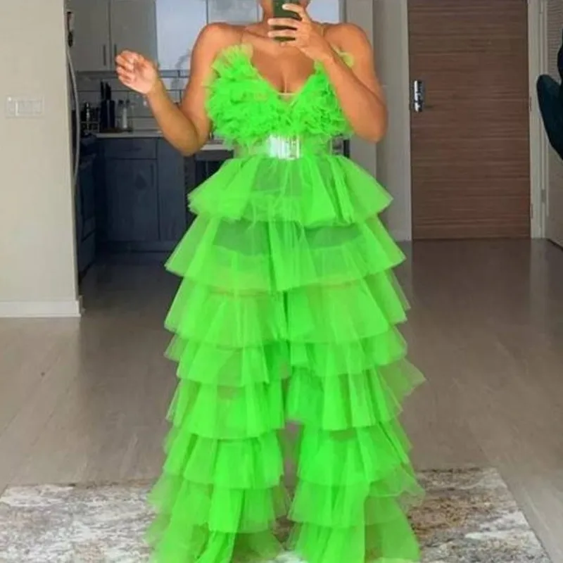 Woman Tulle Set Pants Neon Green Tulle Evening Party Dress With Top robe de soiree Custom Made Fashion Tulle Set Tiered