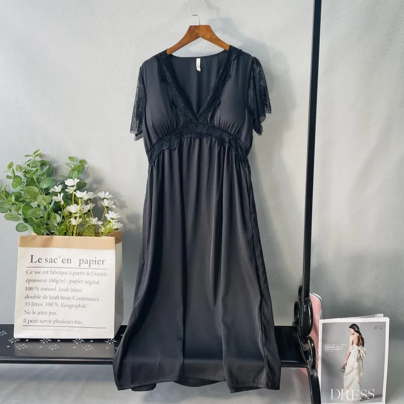 Women Sexy Long Nightdress Sleepwear Lace Satin Patchwork Nightgown Intimate Lingerie Casual Home Clothing Summer New Homewear