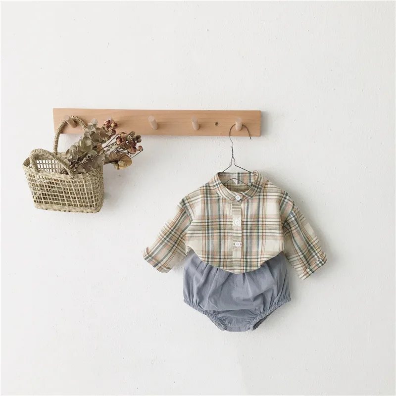 Осенний детский комбинезон для маленьких мальчиков и девочек клетчатая футболка