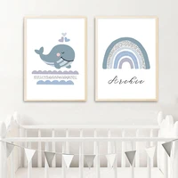 custom name blue whale rainbow nursery decor canvas painting wall art posters pop pictures for kids baby room decorations