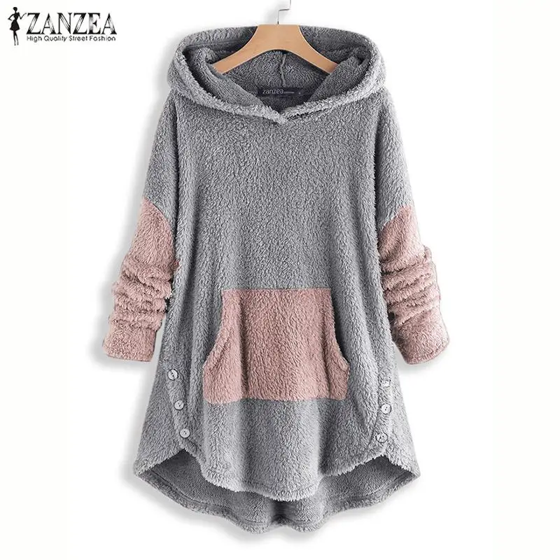 

ZANZEA Winter Hoodies Long Sleeve Sweatshirt Women Fleece Pullover Pull Femme Hooded Tops Autumn Plush Fluffy Jumper Tops