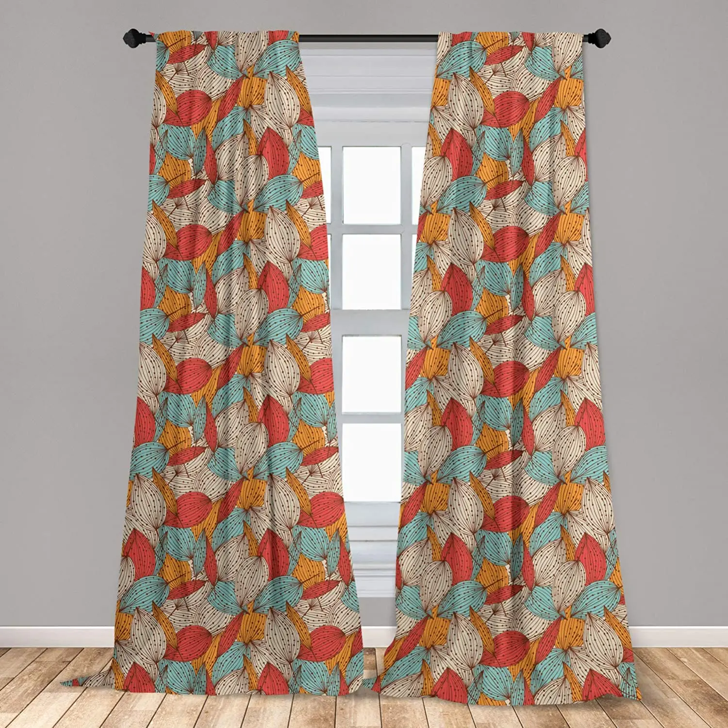 

Autumn Curtains Doodle Art Style Mix of Leaf Motifs in Retro Colors Romantic Autumn Season Theme Window Curtains for Living Room