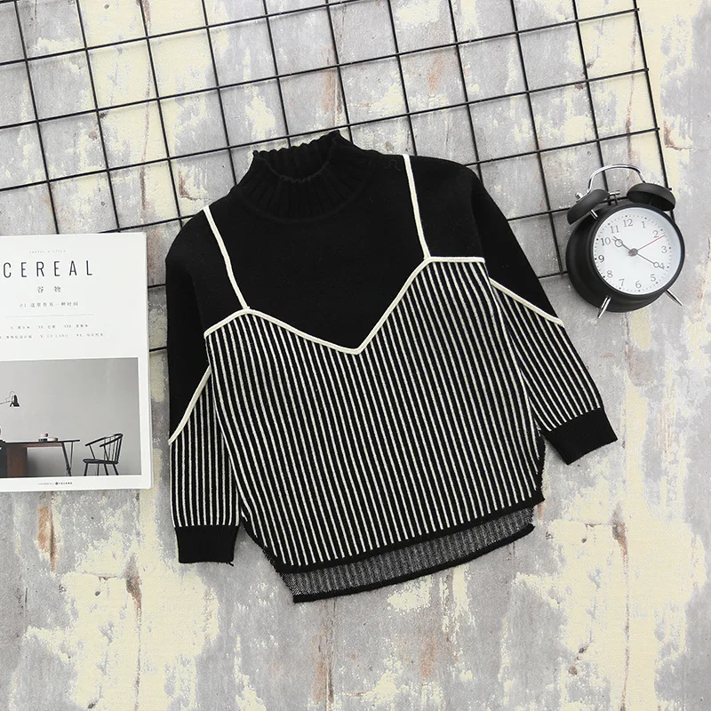 

Teenage Girls O-neck Sweater Children Striped Patchwork Knitted Autumn Winter Toddler Kids Warm Bottoming Knitwear Pullover Tops