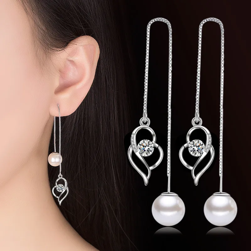 NEHZY 925 Sterling Silver Women's Fashion Long Tassel Earrings with Crystal Zircon Pearl and Heart Design image 2