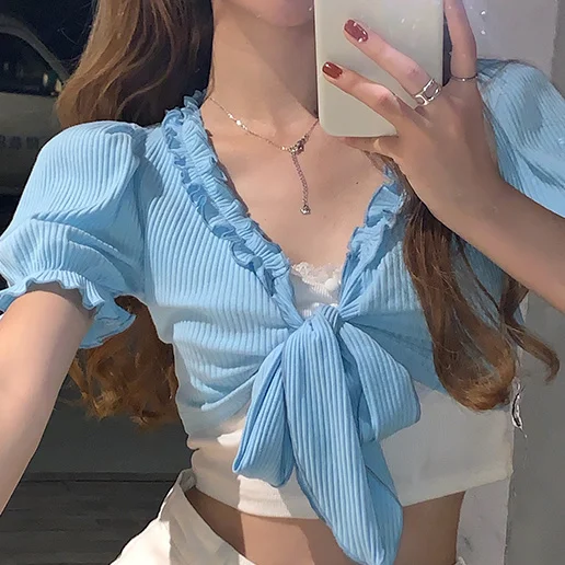 

2021 Summer Fashion New Lace-up Women's Bowknot Short Solid Color V-neck Female Tops Navel Sexy Bubble Short Sleeve T-shirt