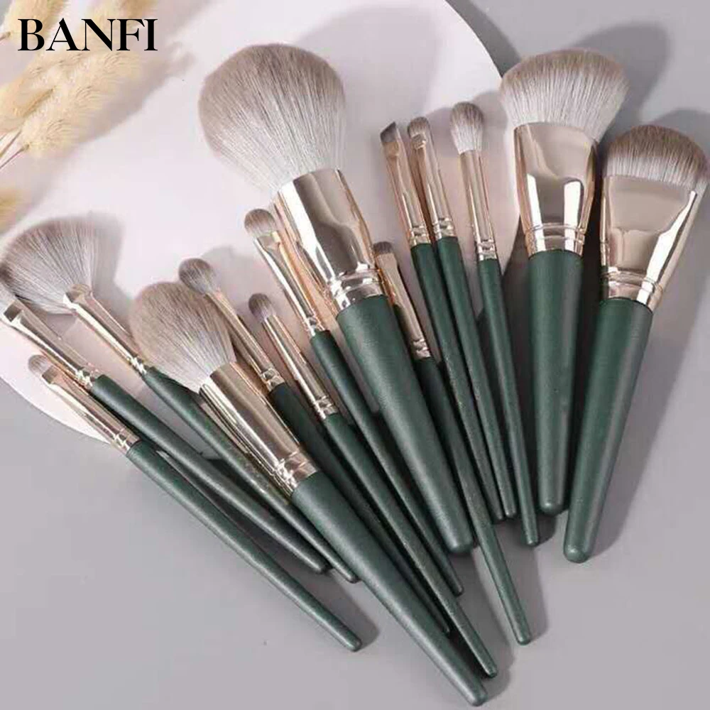

BANFI 14 Pcs Green Cloud Makeup Brushes Set Cosmetic Powder Foundation Soft Fiber Wool Beauty Make Up Tools Women Maquiagem
