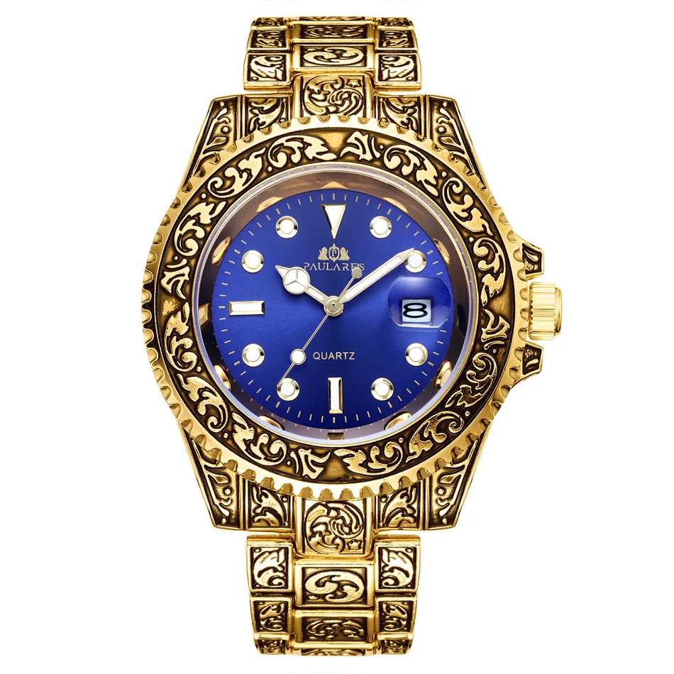 Gold Blue Роскошные резные антикварные винтажные светящиеся розовые Золотые желтые золотые серебряные Красные Зеленые Синие градиентные Модные Классические кварцевые мужские часы - Color: Gold Blue