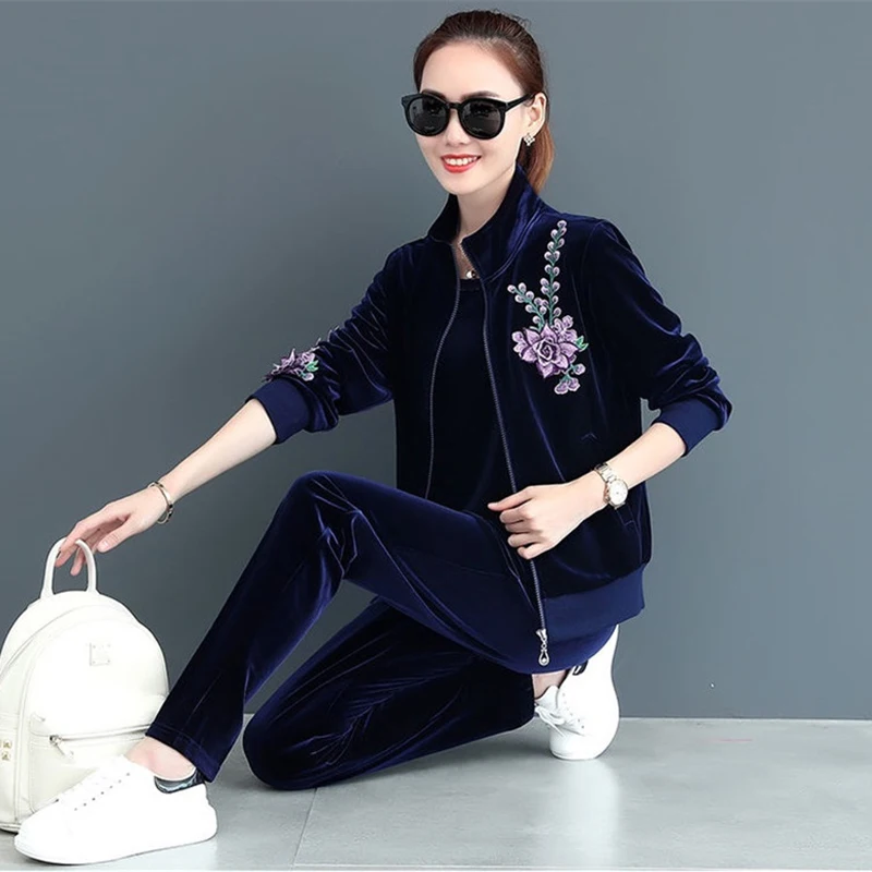 Women Velvet Tracksuits 2021 Print Hooded Jacket+Trousers Three Sets Gold Sportswear Suit Plus Size 4XL Female Pants Set |