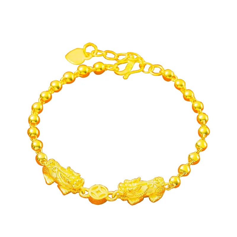 

Indian original 24K Gold Color Double Pixiu Buddha Bead Bracelets for Women Charming wedding Party Bangle bride luxury jewelry