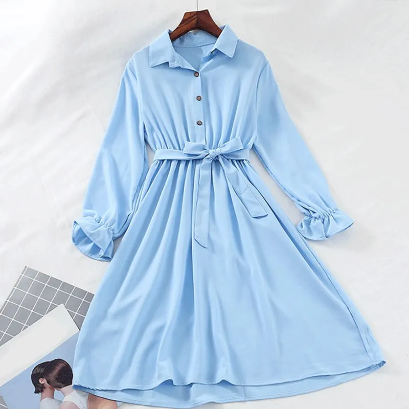 Женское платье с отложным воротником однотонное простое рубашка расклешенными