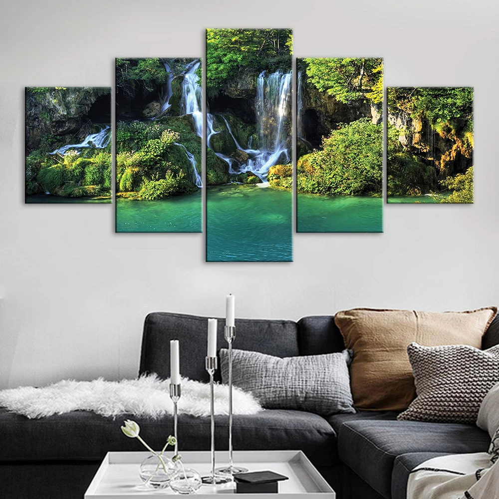 Canvas Print Green Plants Picture Wall Art 5 Set Paintings Waterfall Home Decor Natural Beauty Modular Poster For Bedroom Frame | Дом и сад