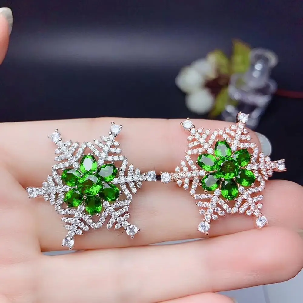 Natural diopside brooch,Snowflake style, fashion, natural gem store 925 silver