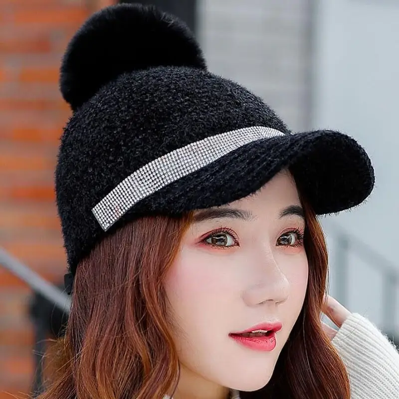 2019 New Winter Fur Pompom Hat For Women Autumn Cotton Knitted Baseball Cap With Pompon Brand Visor Caps Ladies Skullies Beanies |