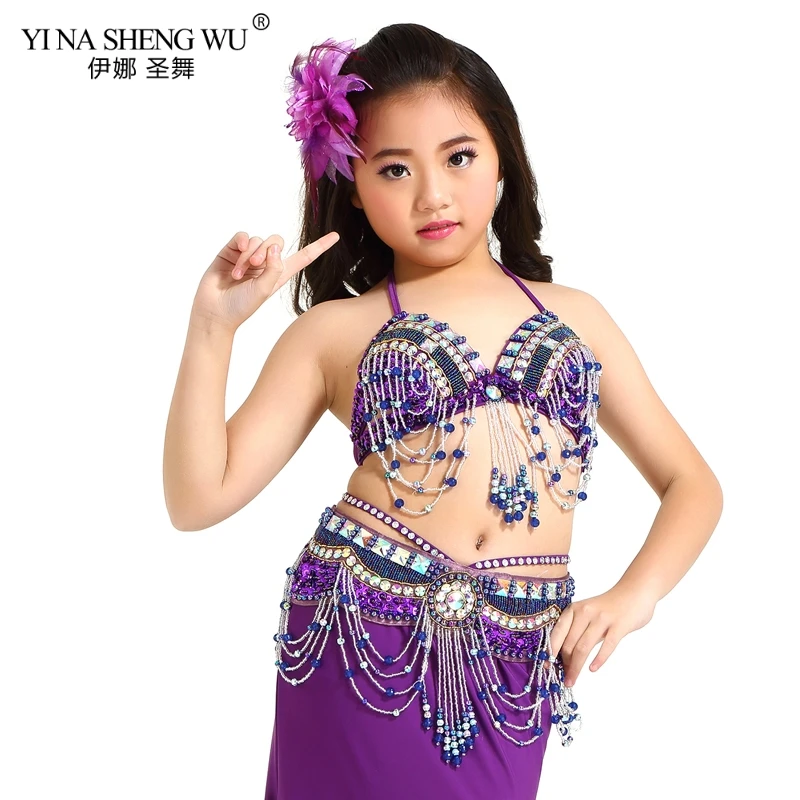Purple-2pcs-Bra-Belt Детские танцевальные костюмы, комплект для девочек, Восточный танец живота, расшитый бисером, с кисточками, новая детская одежда для сцены, танцевальная одежда, комплект из 2 предметов/3 шт - Цвет: Purple-2pcs-Bra-Belt