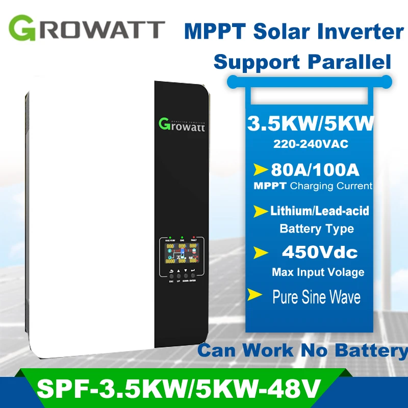 Growatt Hybrid Solar Inverter 3.5KW/5KW 48V 220V MPPT 80A/100A Pure Sine Wave Off Grid Solar Inversor Can Work Without Battery