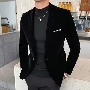 Imported Fall Winter Gold Velvet Blazer High Quality Slim Fit Suit Jacket Fashion Casual Men Groom Singer Cos