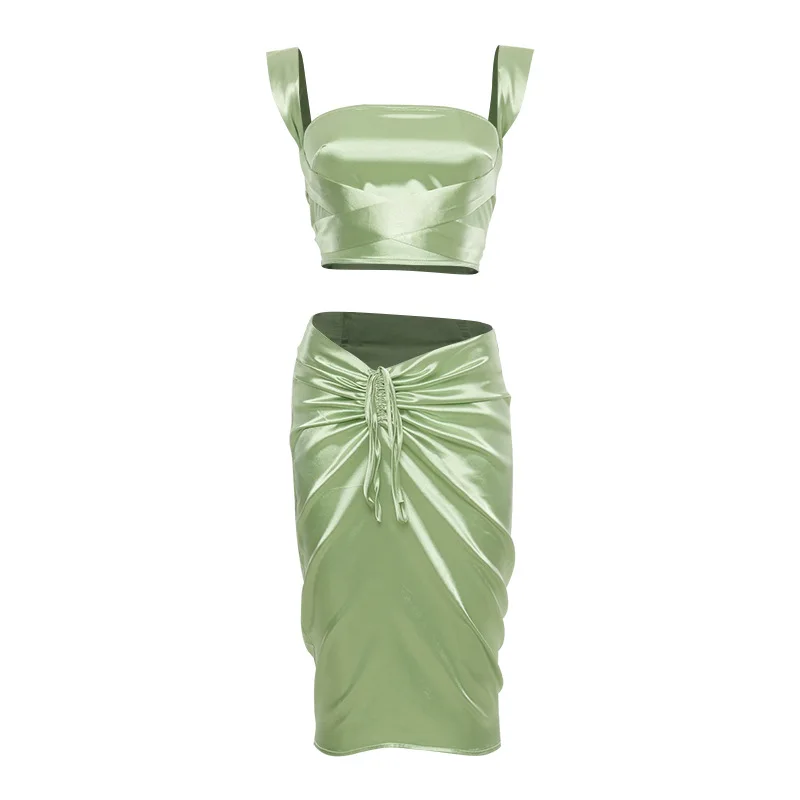 

Sexy Elegant Green Solid Color Women's Sets Tube Top Skirt Summer Dresses Light 2 Piece Womens Outfits Boho Clothing Club for