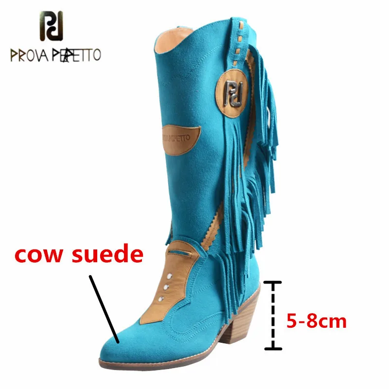 

Prova Perfetto Retro High Quality Cow Suede Women's Thigh High Boots Fringe Mixed Colors Pointed Toe Zipper-Sid VulcanizedShoes