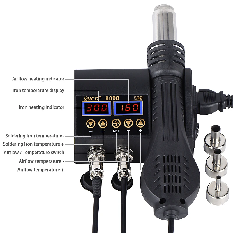 jcd 2 in 1 hot air gun 800w lcd digital rework soldering station electric soldering iron for phone pcb ic smd 8898 welding set free global shipping