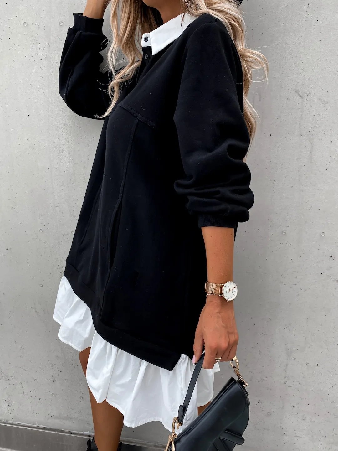 

Women Autumn Sweatershirts Stitching Dress Long Sleeve Casual Elegant Lady Pullover Vestidos Turn-down Collar Spring Dresses