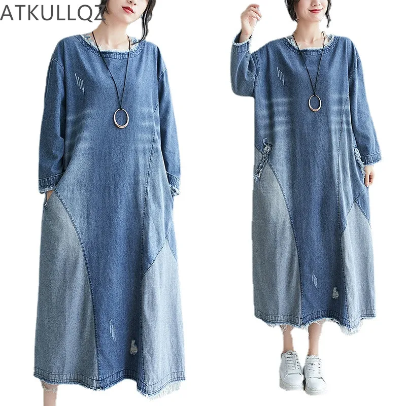 

Женское джинсовое платье выше колена, Осеннее Длинное свободное платье большого размера с круглым вырезом, тонкая юбка со скрытым мясом и с...