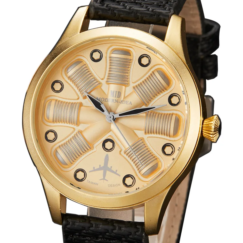 Креативные крутые мужские часы в форме авиационного двигателя роскошные золотые