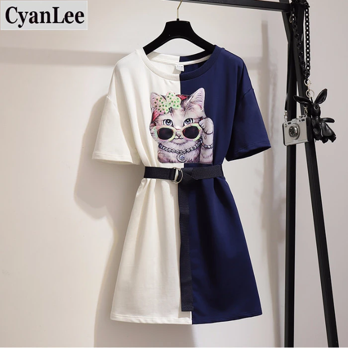 Платье женское летнее с блестками и аппликацией в виде кошки | Женская одежда