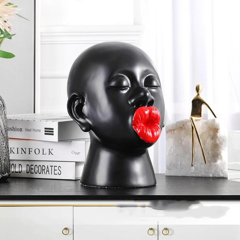 

NORDIC CREATIVE RESIN BIG RED LIPS BLACK MAN SCULPTURE ORNAMENTS HOME LIVINGROOM TABLE FIGURINES CRAFTS HOTEL OFFICE DECORATION