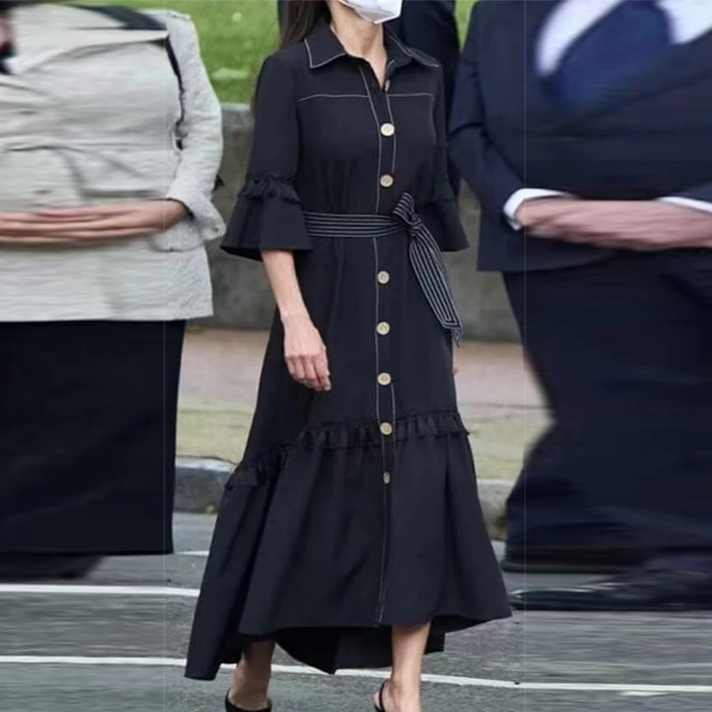 

Модные дизайнерские 2021 Осенние новые платья Женские однотонные однобортные с расклешенными рукавами пояс с оборками элегантные платья