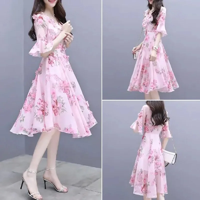 Милое шифоновое Цветочное платье с зауженной талией женское модное