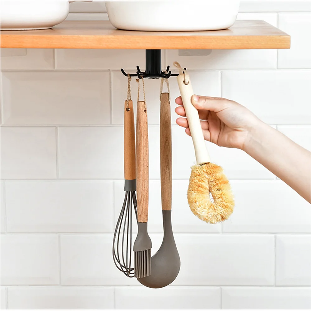 

360 Degrees Rotated Kitchen Hooks Self Adhesive 6 Hooks Home Wall Door Hook Handbag Clothes Ties Bag Hanger Hanging Rack