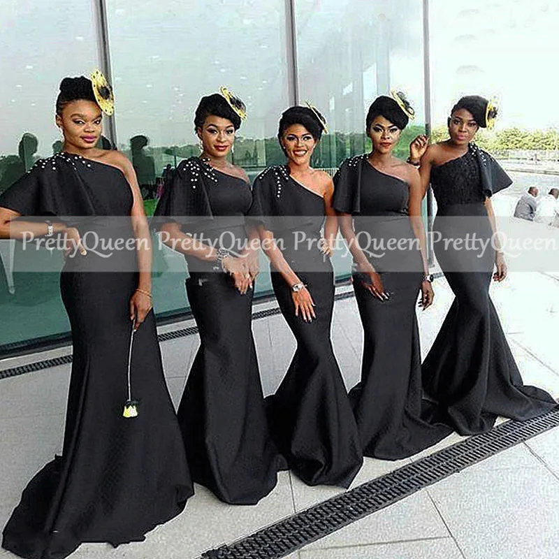 

Black One Shoulder Bridesmaid Dresses With Pearls 2021 Women Long Wedding Party Dress Maid Of Honor Vestido De Mujer