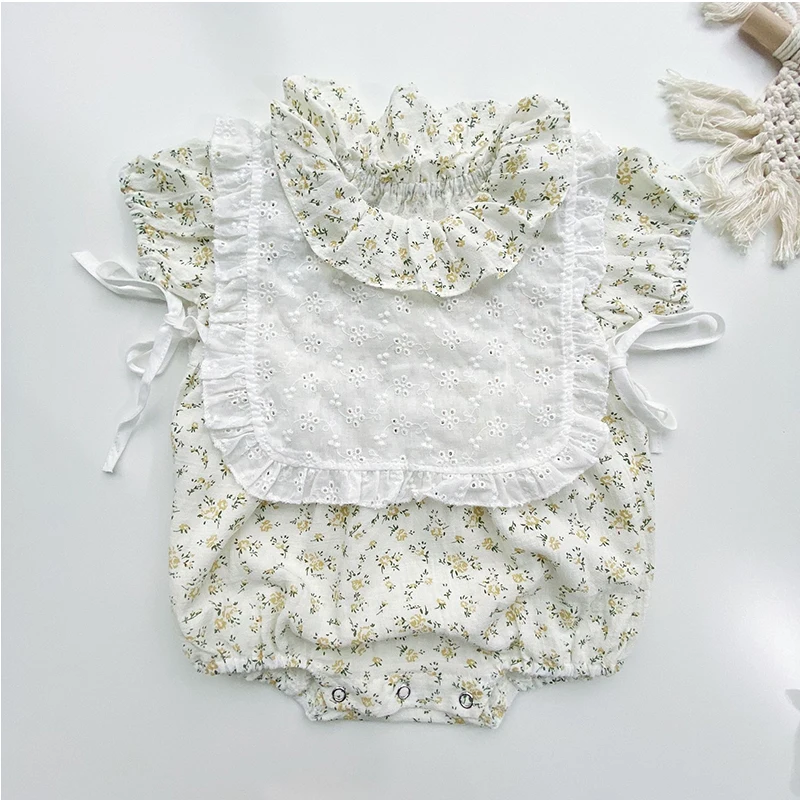 

Newborn Baby Girl Romper Leisure Small Floral Lotus Leaf Collar Romper Baby Girl Clothes 2021summer+white Embroidered Vest 2PCS