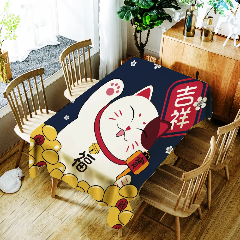 Скатерть с изображением из мультфильма Lucky Cat and Fish водонепроницаемая скатерть