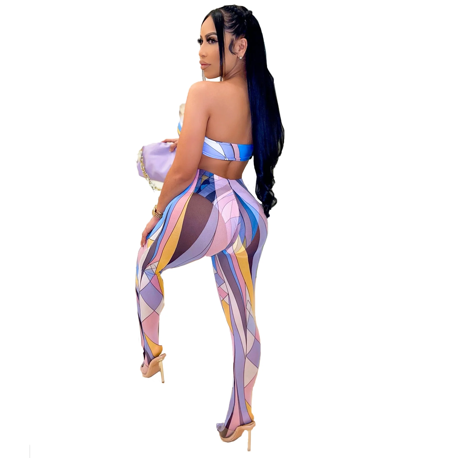 

Donsignet Women Set New Bandage Wrap Chest Women Crop Top Sexy Strapless Printed Pants Two-piece Set Conjunto Feminino