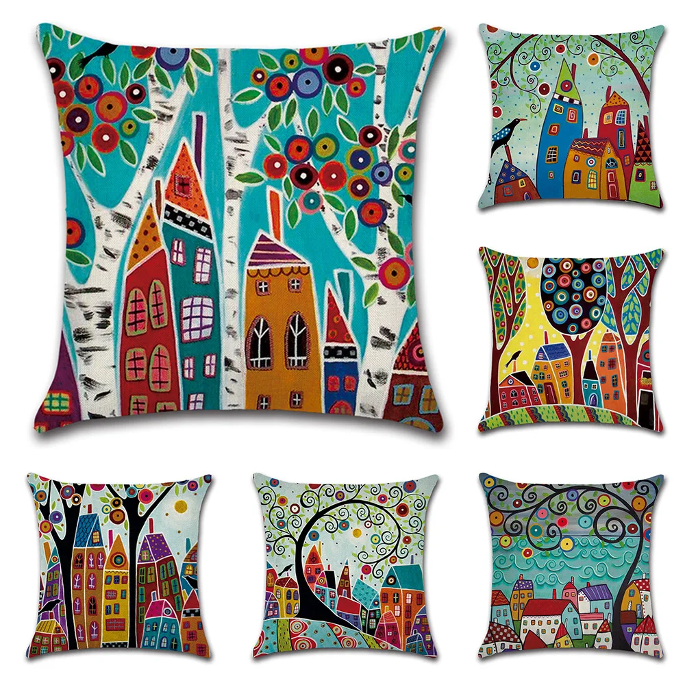

Pillowcase Retro Rural Color Tree Printed Cushion Cover For Sofa Modern Home Decor Cartoon Decorative Throw Pillow 45*45cm 1Pc
