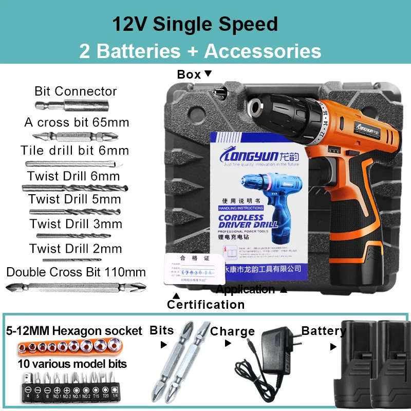 12v 2 battery LOMVUM Новые поступления электрическая дрель Водонепроницаемая перезаряжаемая электрическая шуруповерт многофункциональные электроинструменты Мини Беспроводная Дрель PJ - Цвет: 12v 2 battery