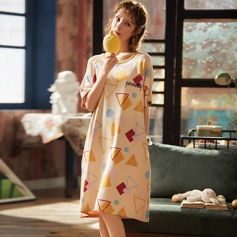

Summer Sleepdress Women 's Breathable Short-Sleeved Korean -Style Simple Natural Fashion Sleepdress Can Be Worn outside