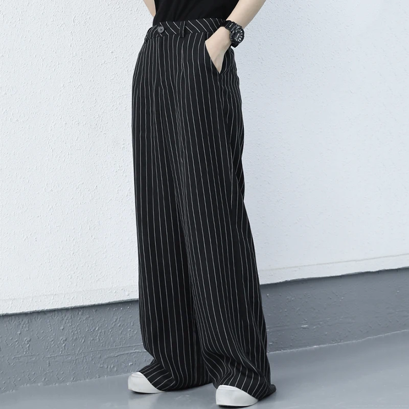 [EAM] High Waist Black Striped Long Casual  Wide Leg Trousers New Loose Fit Pants Women Fashion Tide Spring Autumn 2021 1DD8617