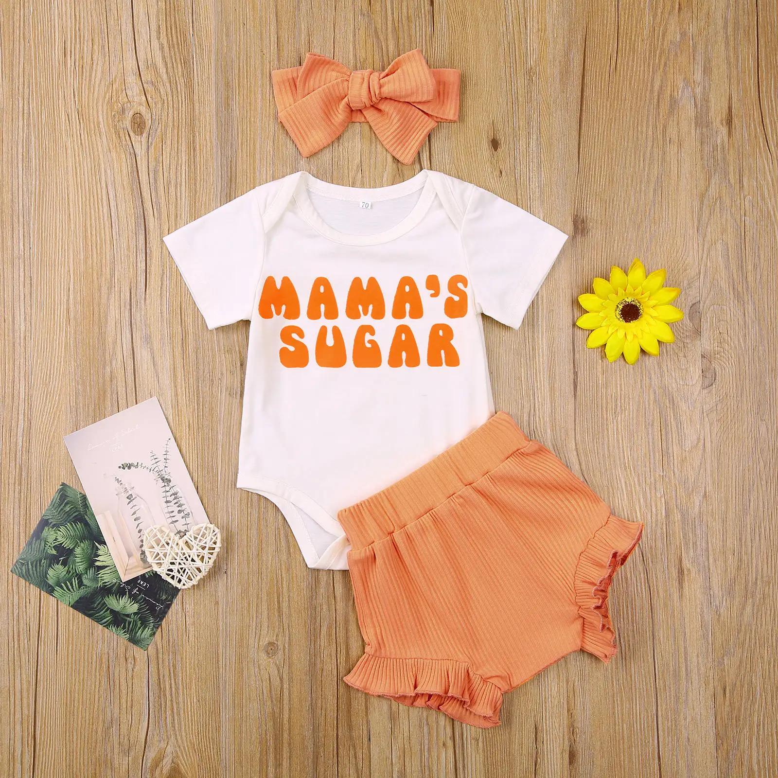 

Infant Short Sleeve Romper + Shorts + Bow Headband, Mama's Sugar Letter Print Lace Decoration Summer Clothing