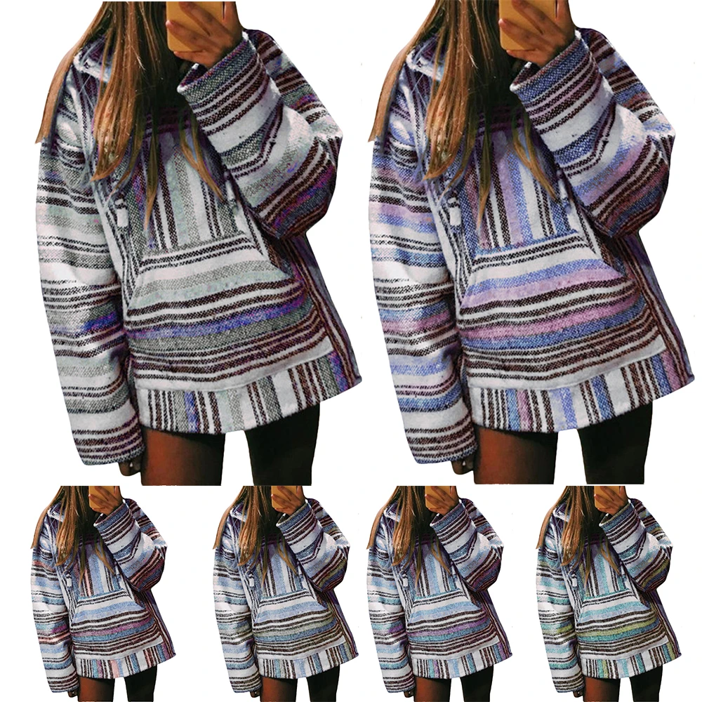 

Striped Women Long Sleeved Pocket Hoodies Ladies Loose Hooded Pullover